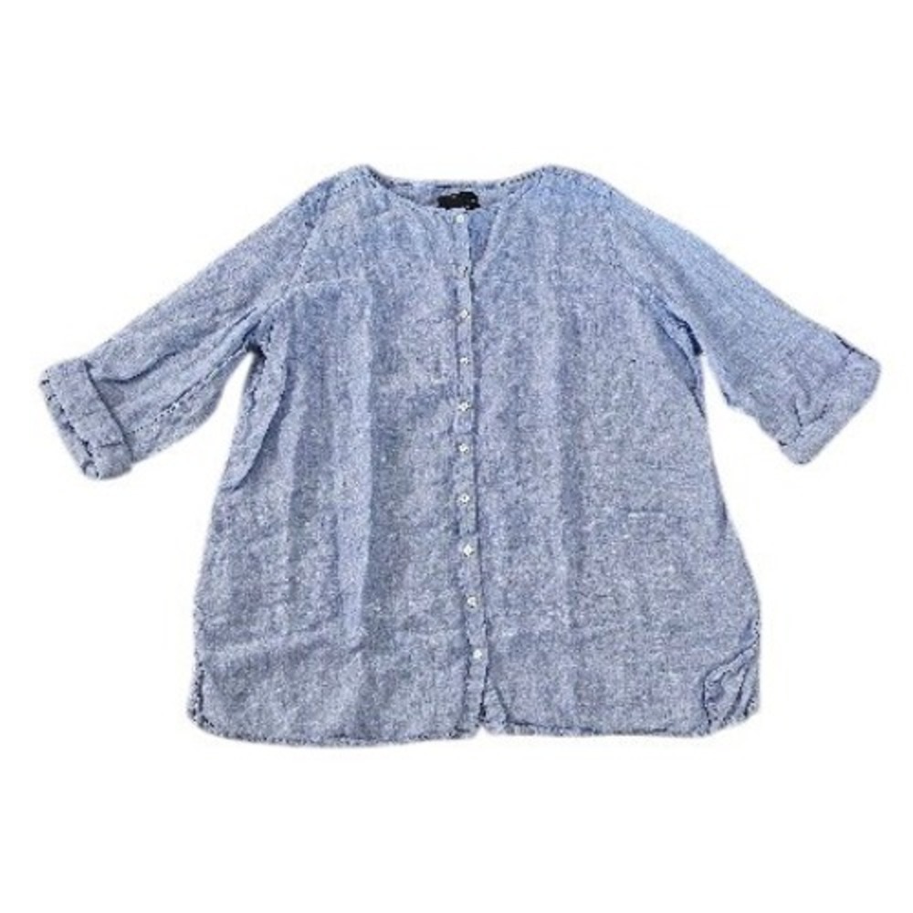 Tahari 100% Linen Button Down Blouse Womens 1X Blue 3/4 Sleeve Chambray Top